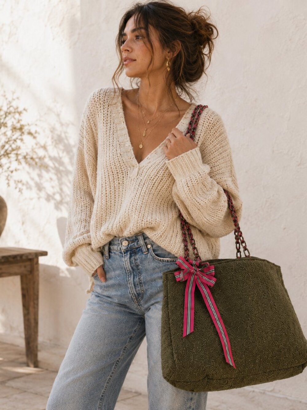 Goldie Limited Edition Tote Bag Olive Green Wool Cotton Pink Ribbon Chain Handle